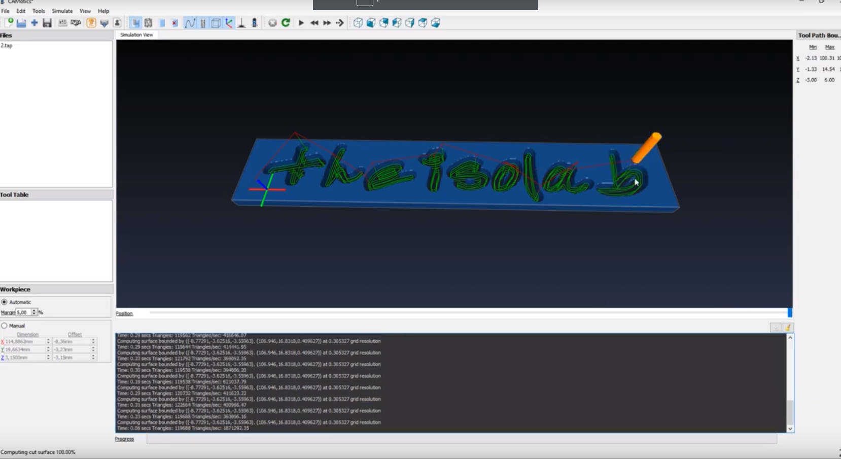 CNC - Tutorial FreeCAD - Come generare il GCode di una scritta con FreeCAD anteprima del gcode in CAMotics