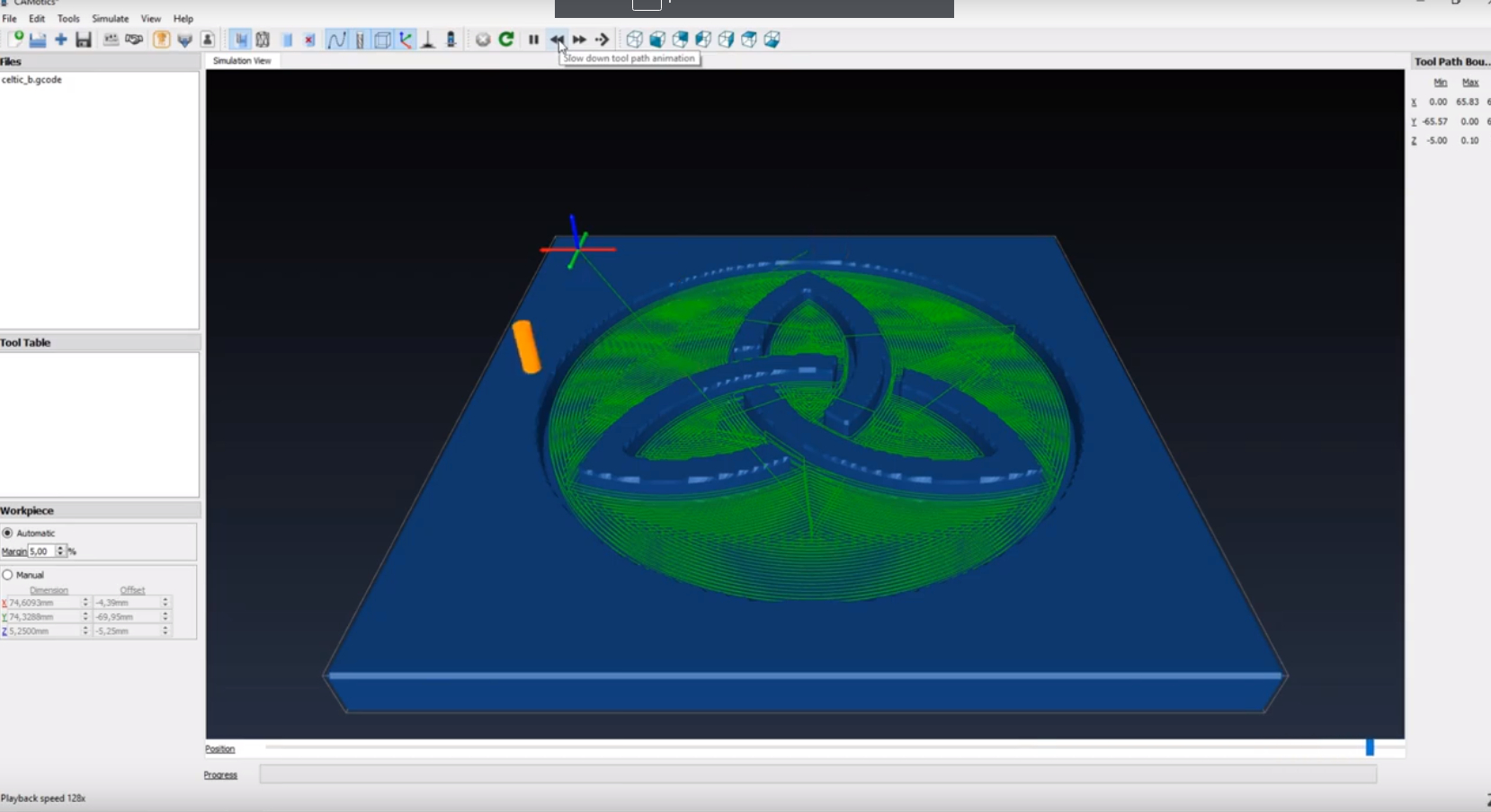 Tutorial FreeCAD - Come generare il GCode con software libero JSCut - Ciondolo celtico anteprima percorsi in CAMotics